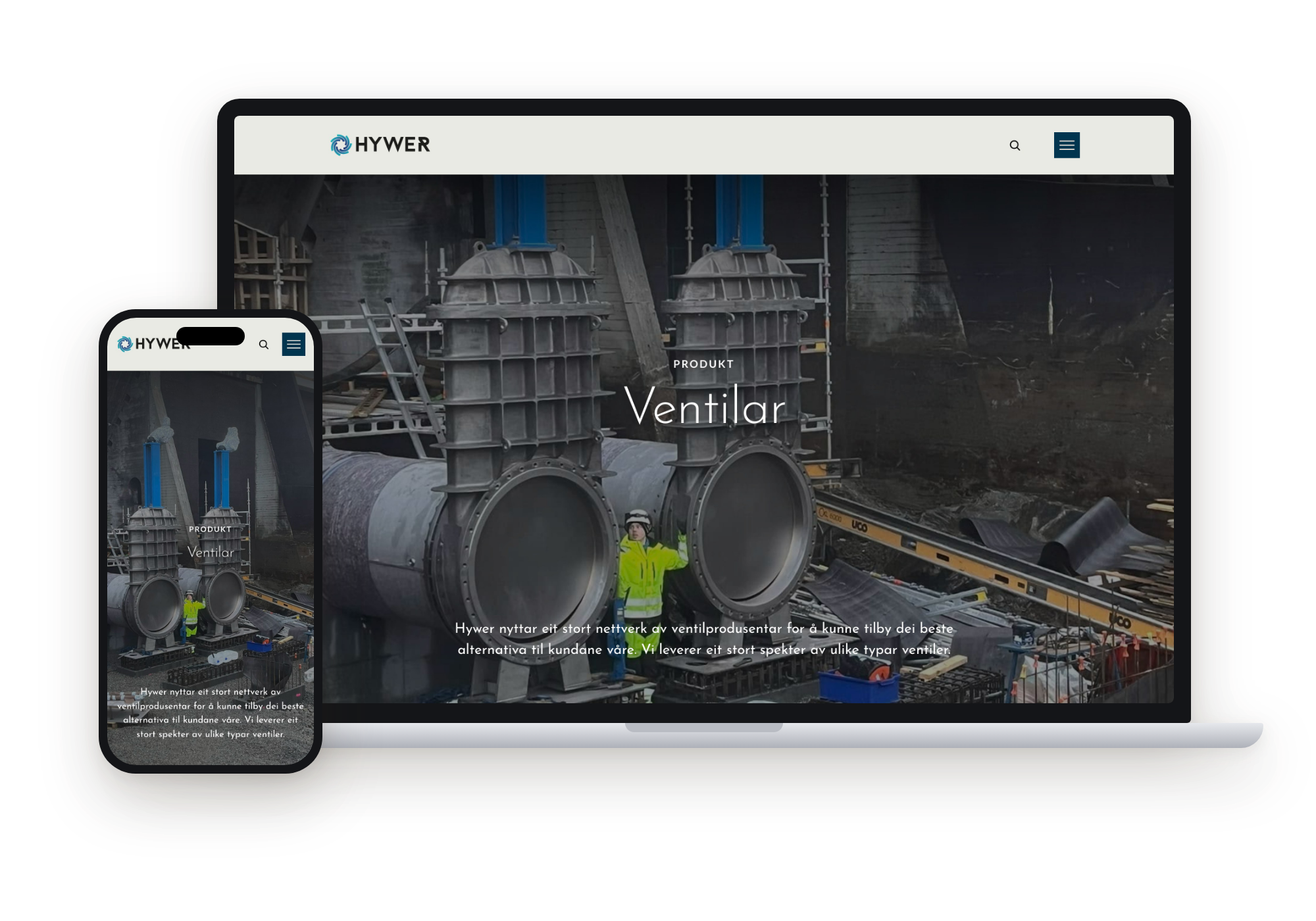 Hywer: Produktsiden for ventiler, vist på laptop og mobil