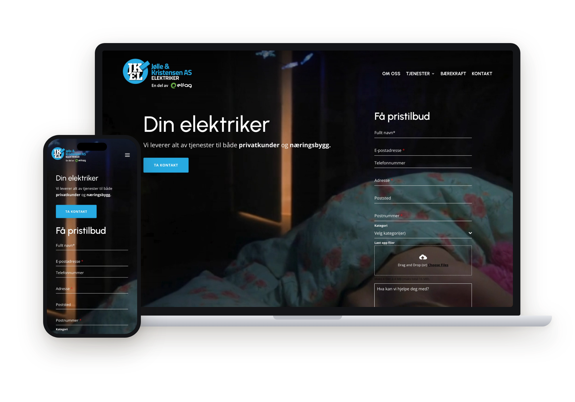 Jølle & Kristensen sin nettside vist på laptop og mobil