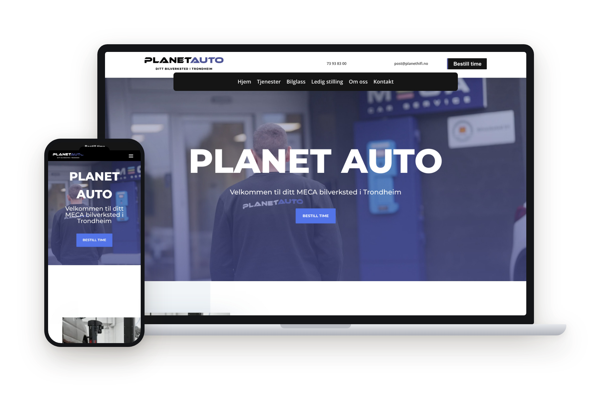Planet Auto sin nettside vist på laptop og mobil