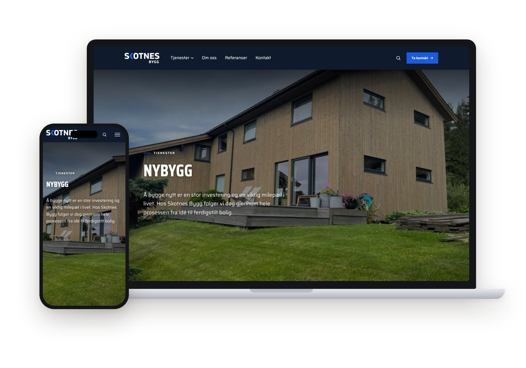 Skotnes Bygg: Tjenesten nybygg, vist på laptop og mobil