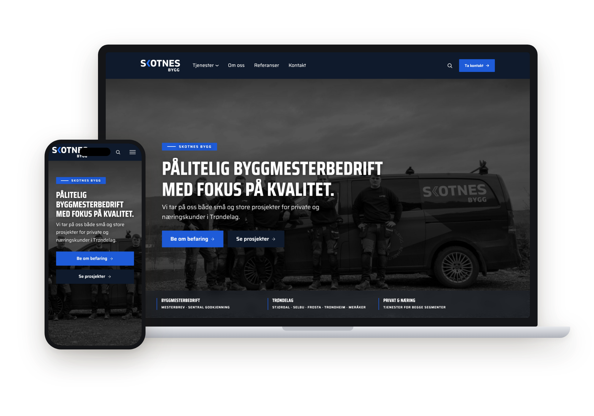 Skotnes Bygg sin nettside vist på laptop og mobil