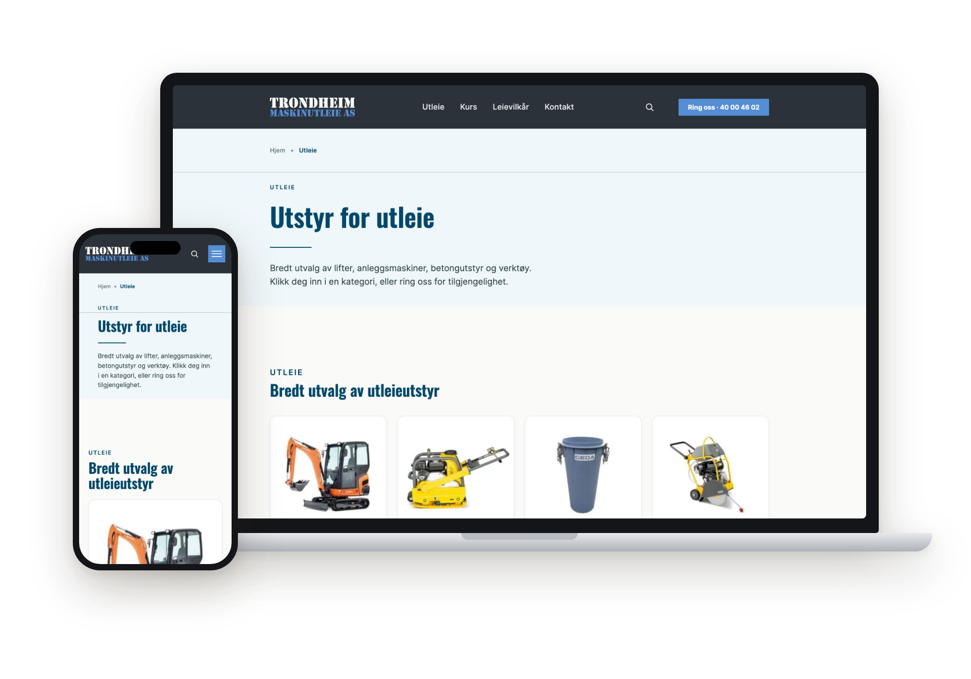 Trondheim Maskinutleie: Utleie-oversikten, vist på laptop og mobil