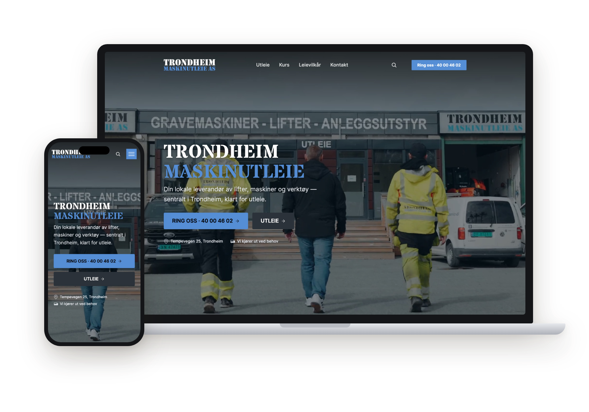 Trondheim Maskinutleie sin nettside vist på laptop og mobil