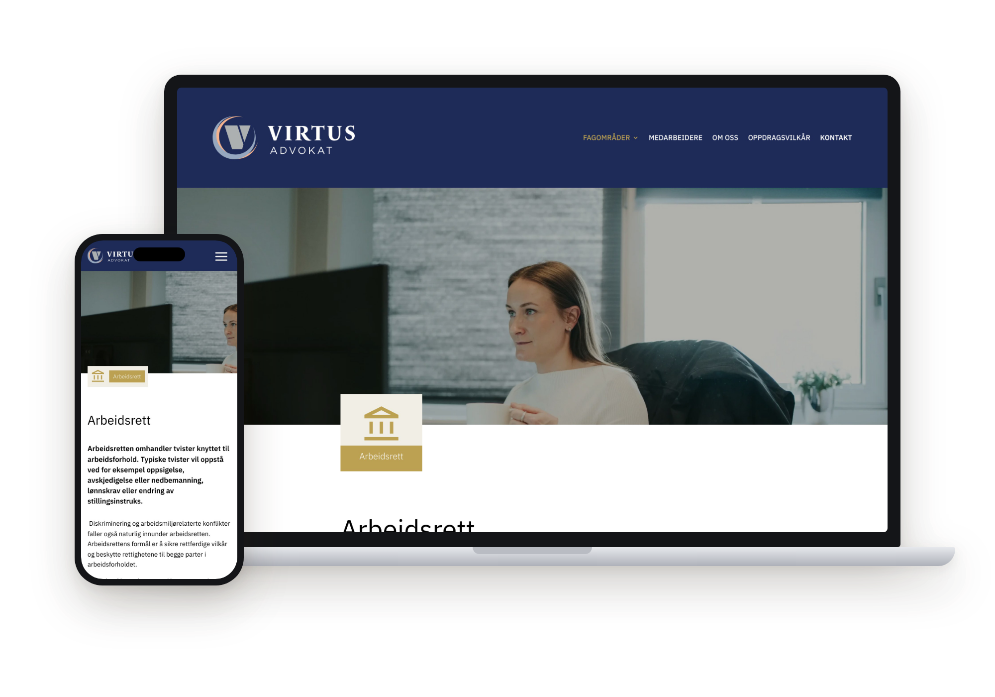 Virtus Advokat: Fagområdet arbeidsrett, vist på laptop og mobil
