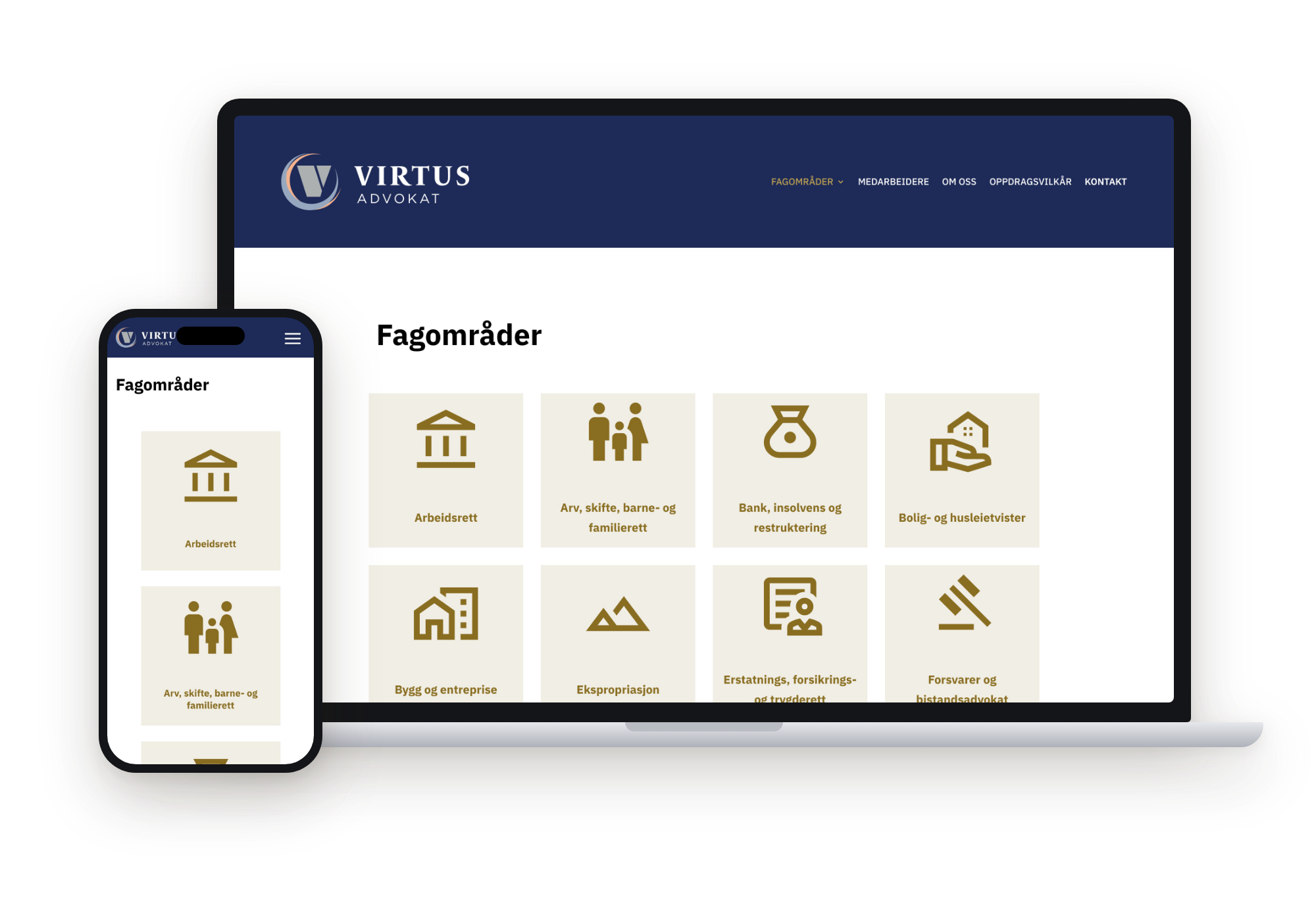 Virtus Advokat: Oversikten over fagområder, vist på laptop og mobil